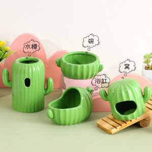 Bộ Phụ Kiện Trang Trí Chuồng Hamster "Xương Rồng" 🌵 | Nhà Ngủ, Bát Ăn, Đế Bình Nước, Bồn Tắm Cát